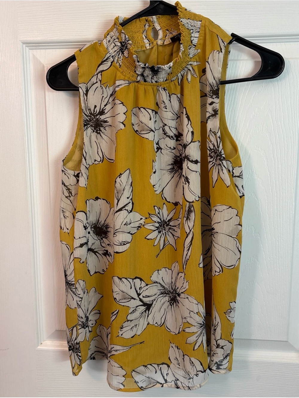 Ann Taylor Mustard Yellow Floral Smocked Neck Sleeveless Top